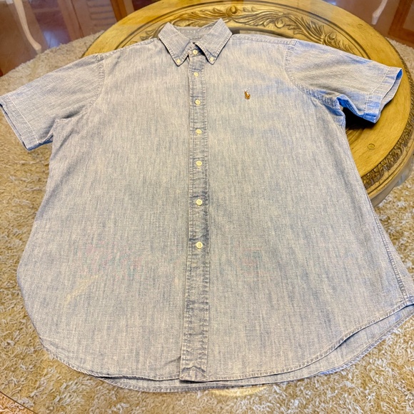 Polo Ralph Lauren Chambray Shirt Blue Button Down Short Sleeve Men's Large - Picture 2 of 12